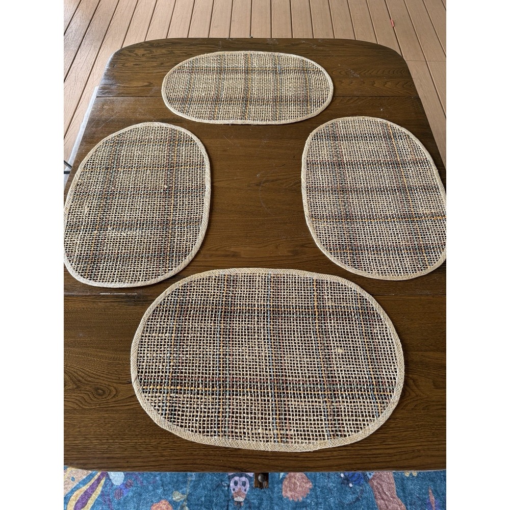 Vintage 70s 80s Boho Abaca Woven Oval Placemats Set of 4 Pastel Plaid